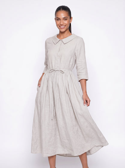 Nora | Flowy Maxi Dress with Tie Waist & Peter Pan Collar — White_front