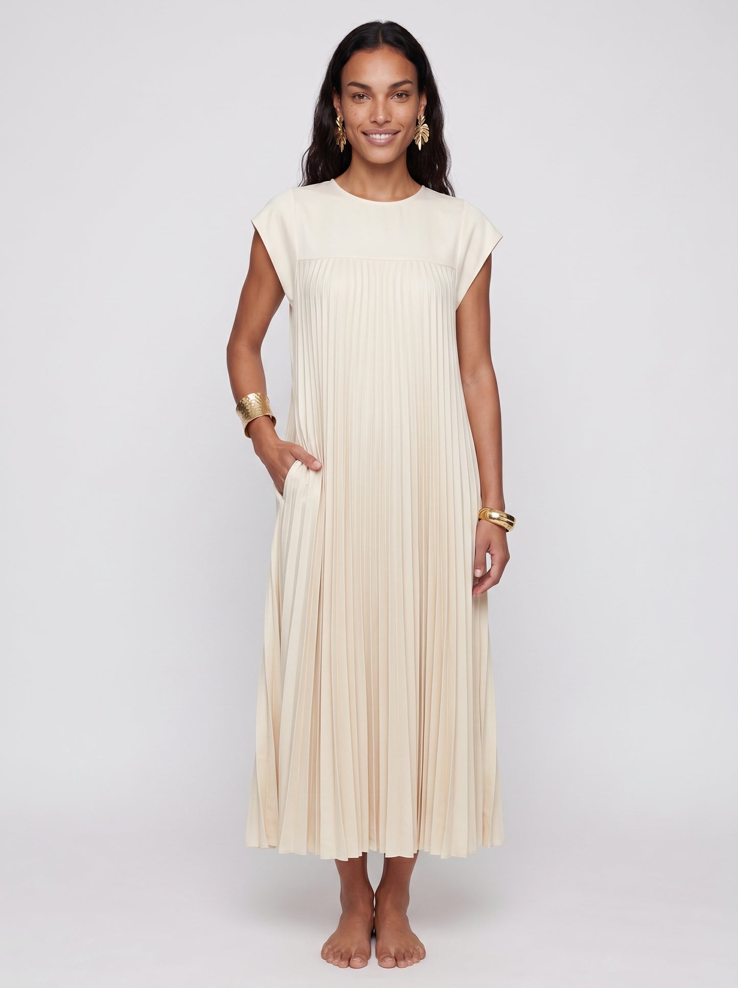 Pearl - Pleated Maxi Dress with Cap Sleeve and Side Pockets — Beige_front