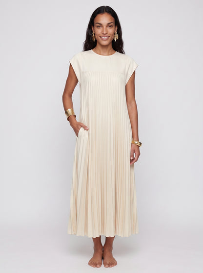 Pearl - Pleated Maxi Dress with Cap Sleeve and Side Pockets — Beige_front