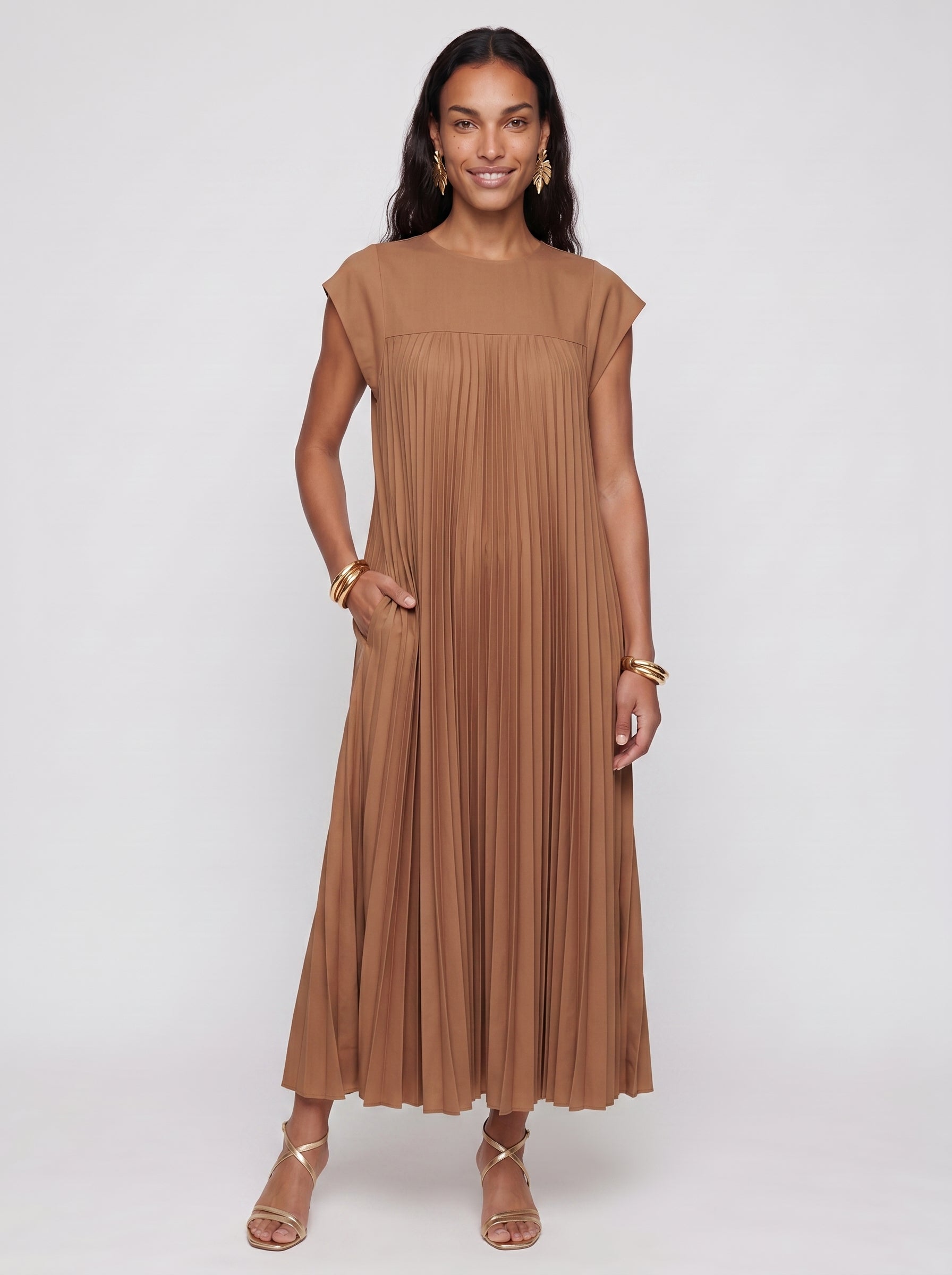 Pearl - Pleated Maxi Dress with Cap Sleeve and Side Pockets — Brown_front