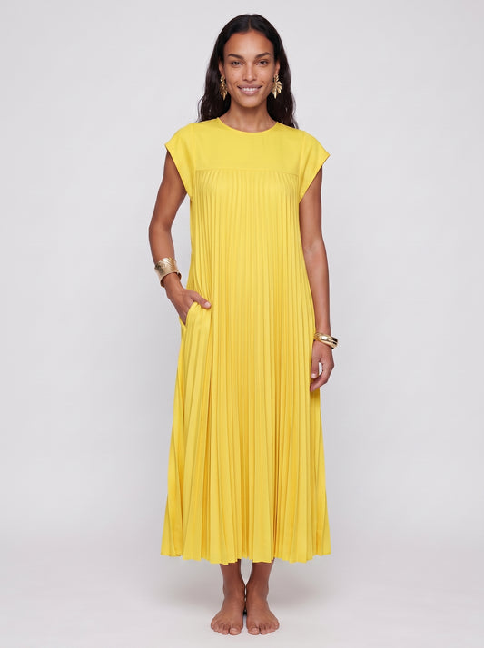 Pearl - Pleated Maxi Dress with Cap Sleeve and Side Pockets — Yellow_front