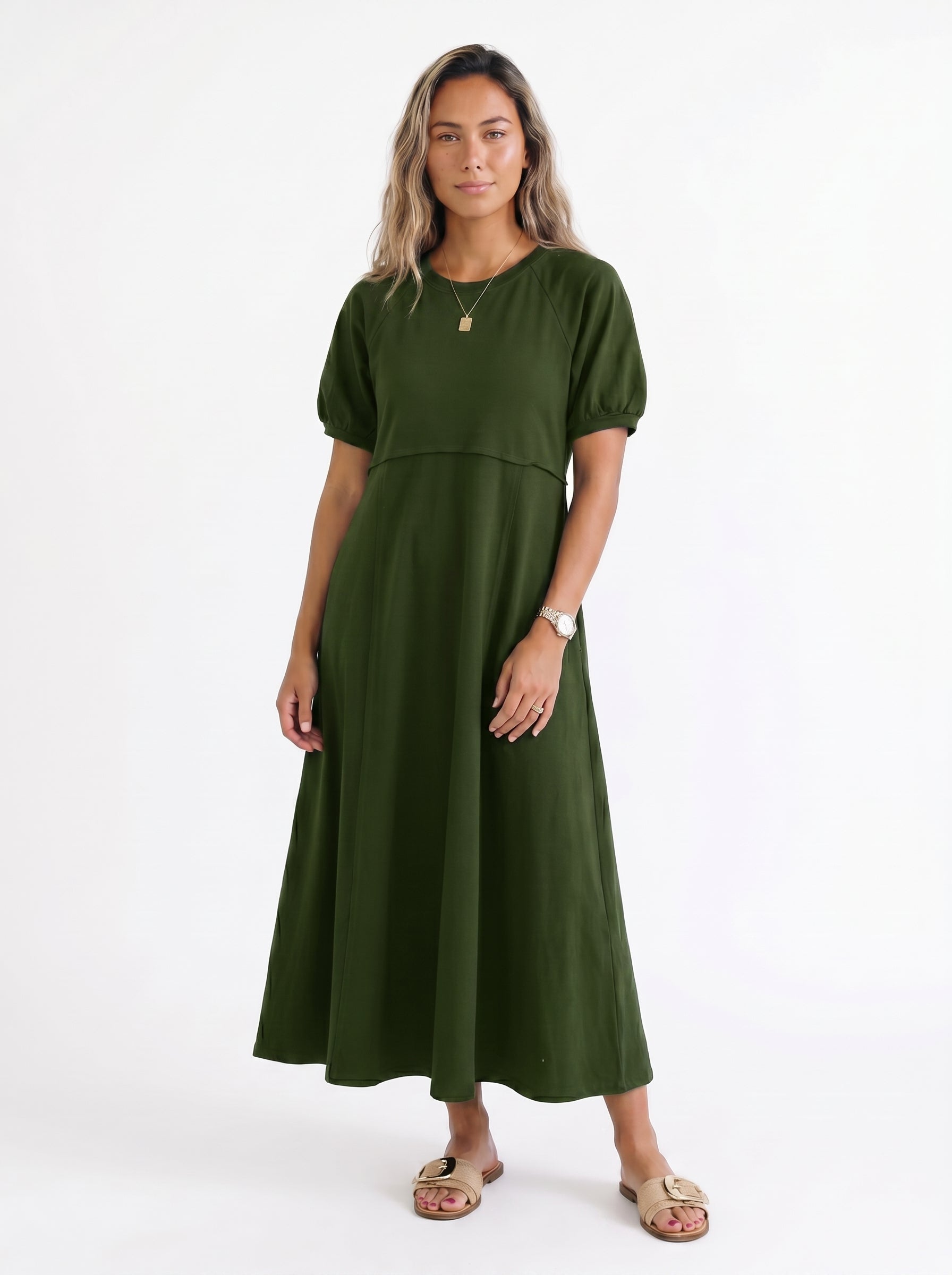 Reese - Maxi Dress with Puff Sleeves and Round Neckline — Army green_front