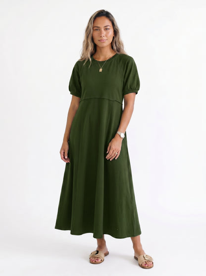 Reese - Maxi Dress with Puff Sleeves and Round Neckline — Army green_front