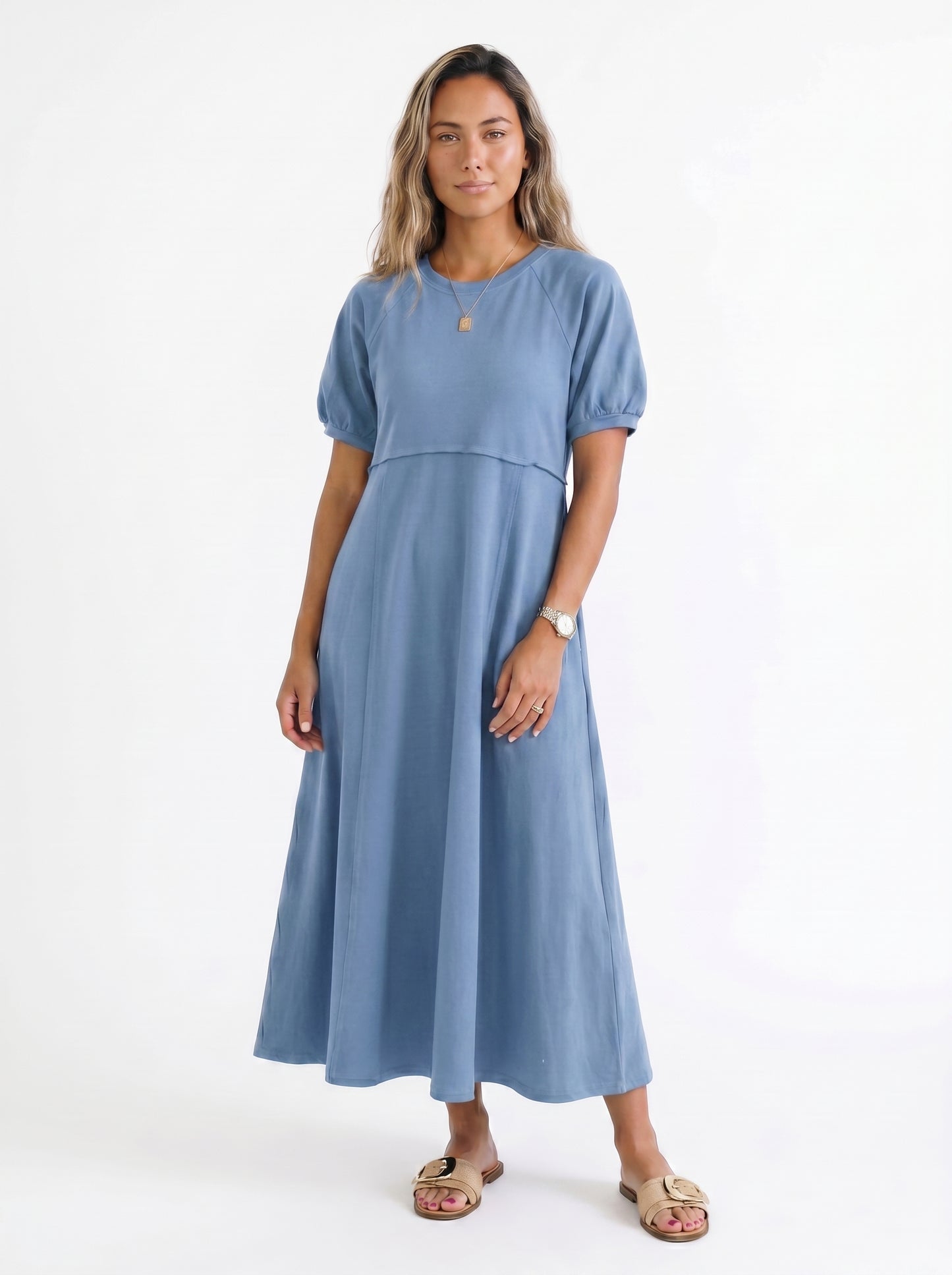 Reese - Maxi Dress with Puff Sleeves and Round Neckline — Blue_front