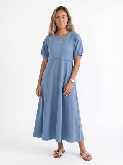 Reese - Maxi Dress with Puff Sleeves and Round Neckline — Blue_front
