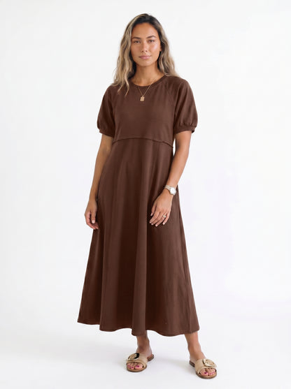 Reese - Maxi Dress with Puff Sleeves and Round Neckline — Brown_front