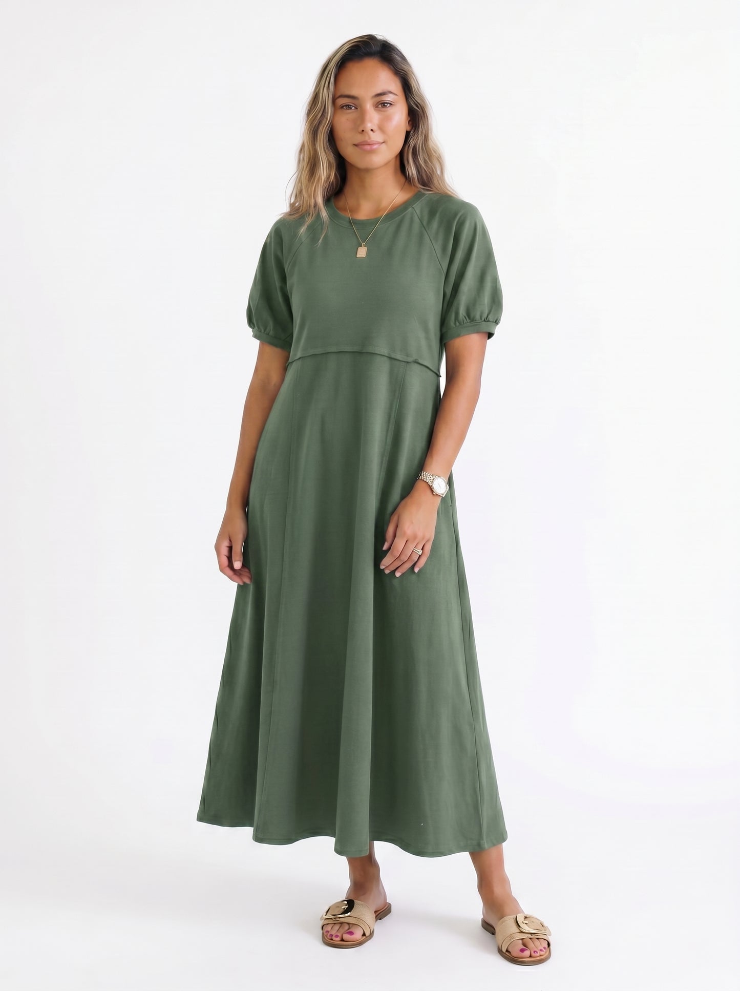 Reese - Maxi Dress with Puff Sleeves and Round Neckline — Green_front