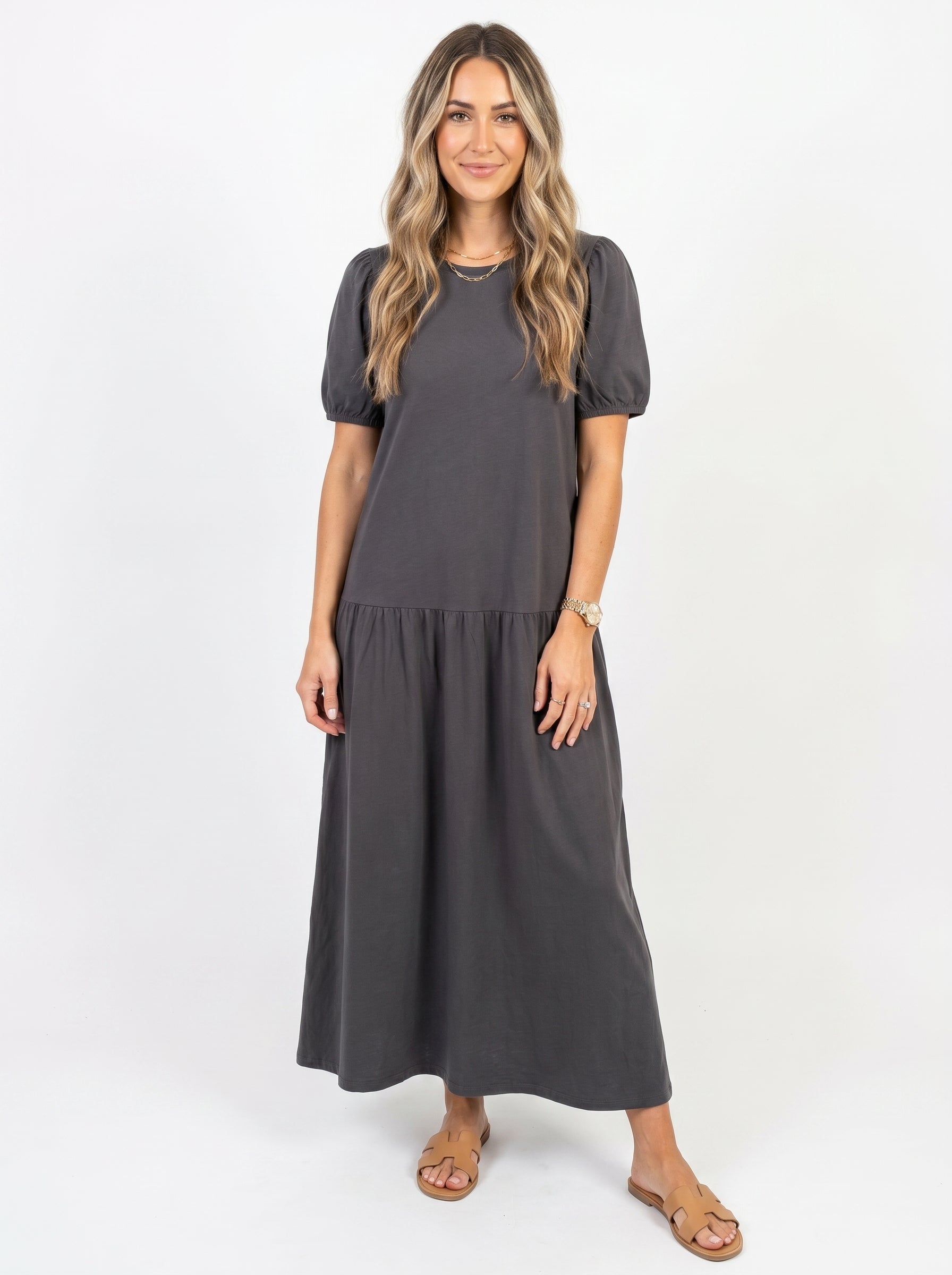 Reese - Maxi Dress with Puff Sleeves and Round Neckline — Grey_front