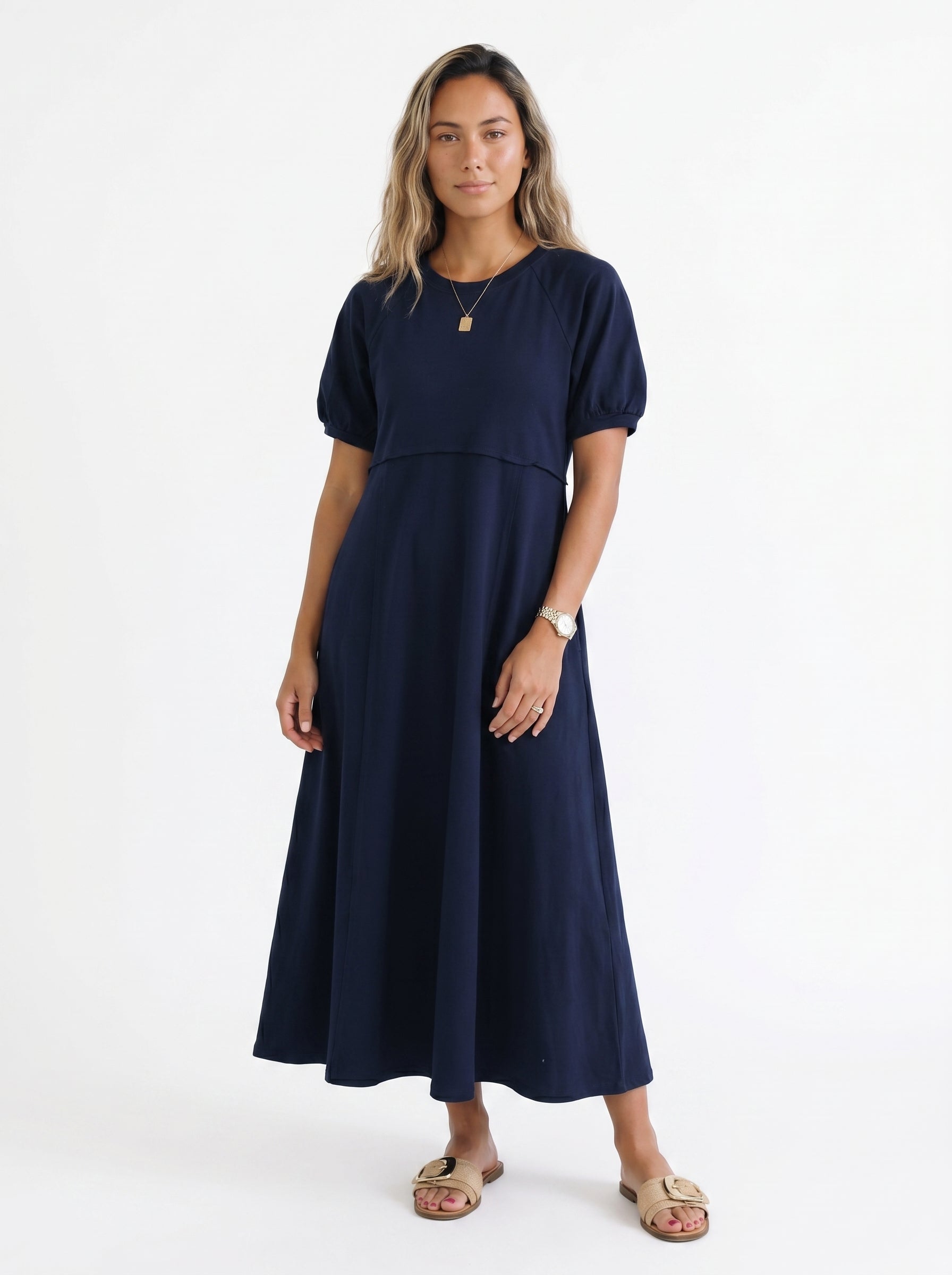 Reese - Maxi Dress with Puff Sleeves and Round Neckline — Navy_front