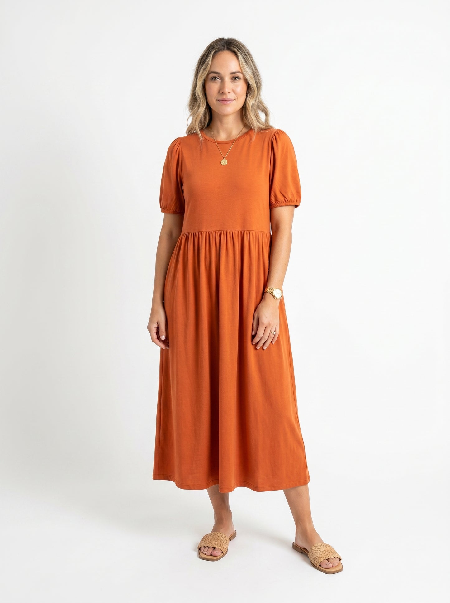 Reese - Maxi Dress with Puff Sleeves and Round Neckline — Orange_front