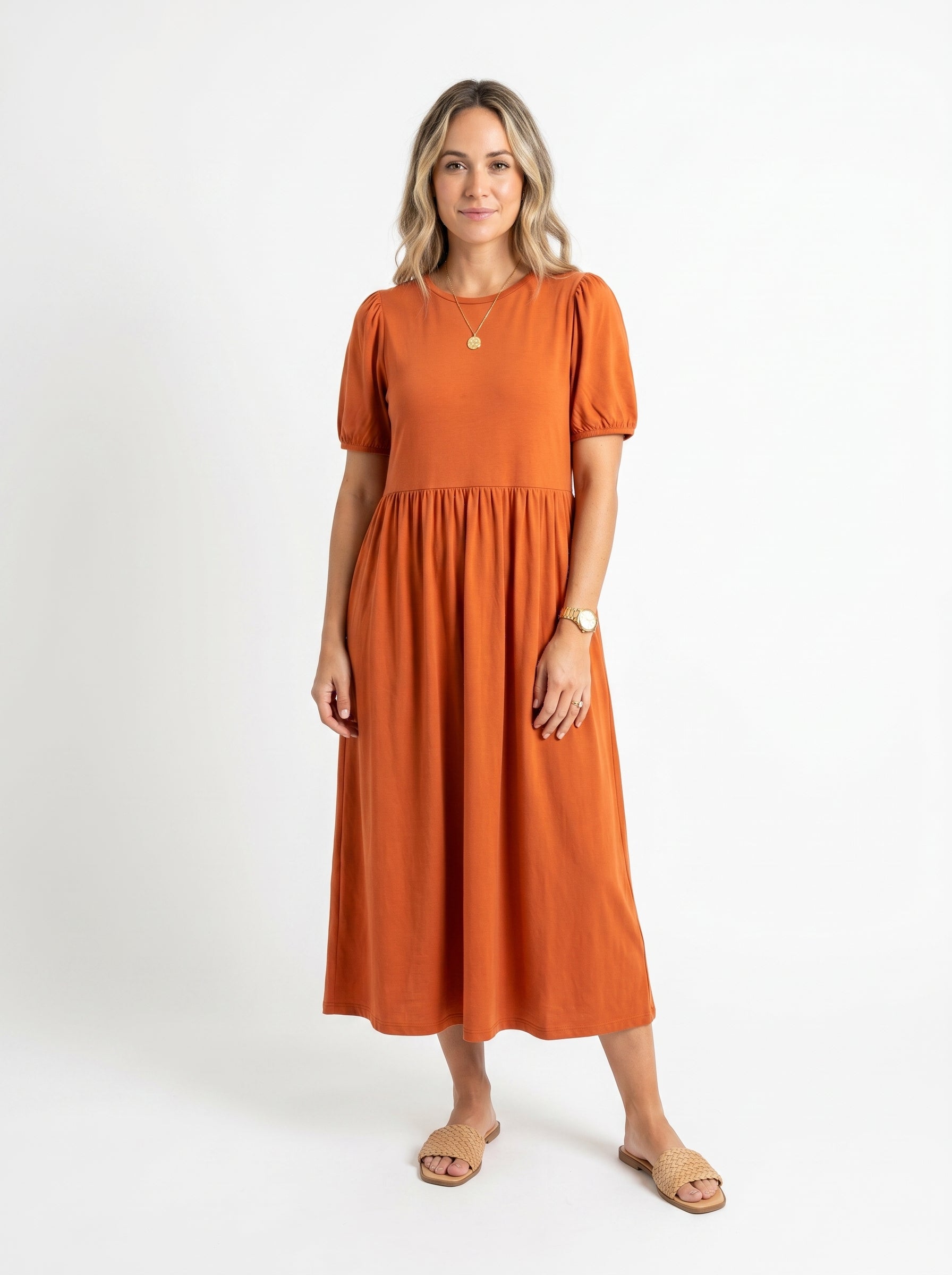 Reese - Maxi Dress with Puff Sleeves and Round Neckline — Orange_front
