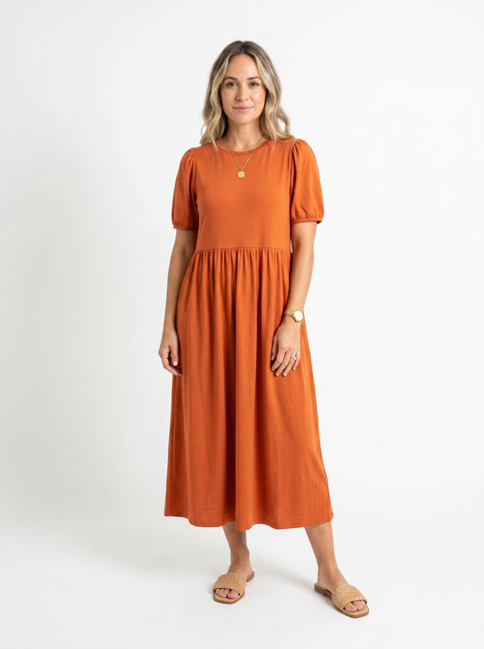Reese - Maxi Dress with Puff Sleeves and Round Neckline — Orange_front