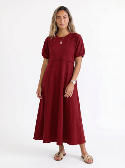 Reese - Maxi Dress with Puff Sleeves and Round Neckline — Wine red_front