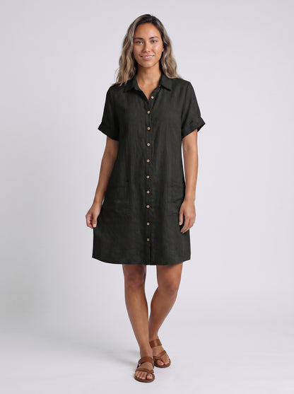 Remy - Midi Shirt Dress with Button Front and Patch Pockets — Black_front