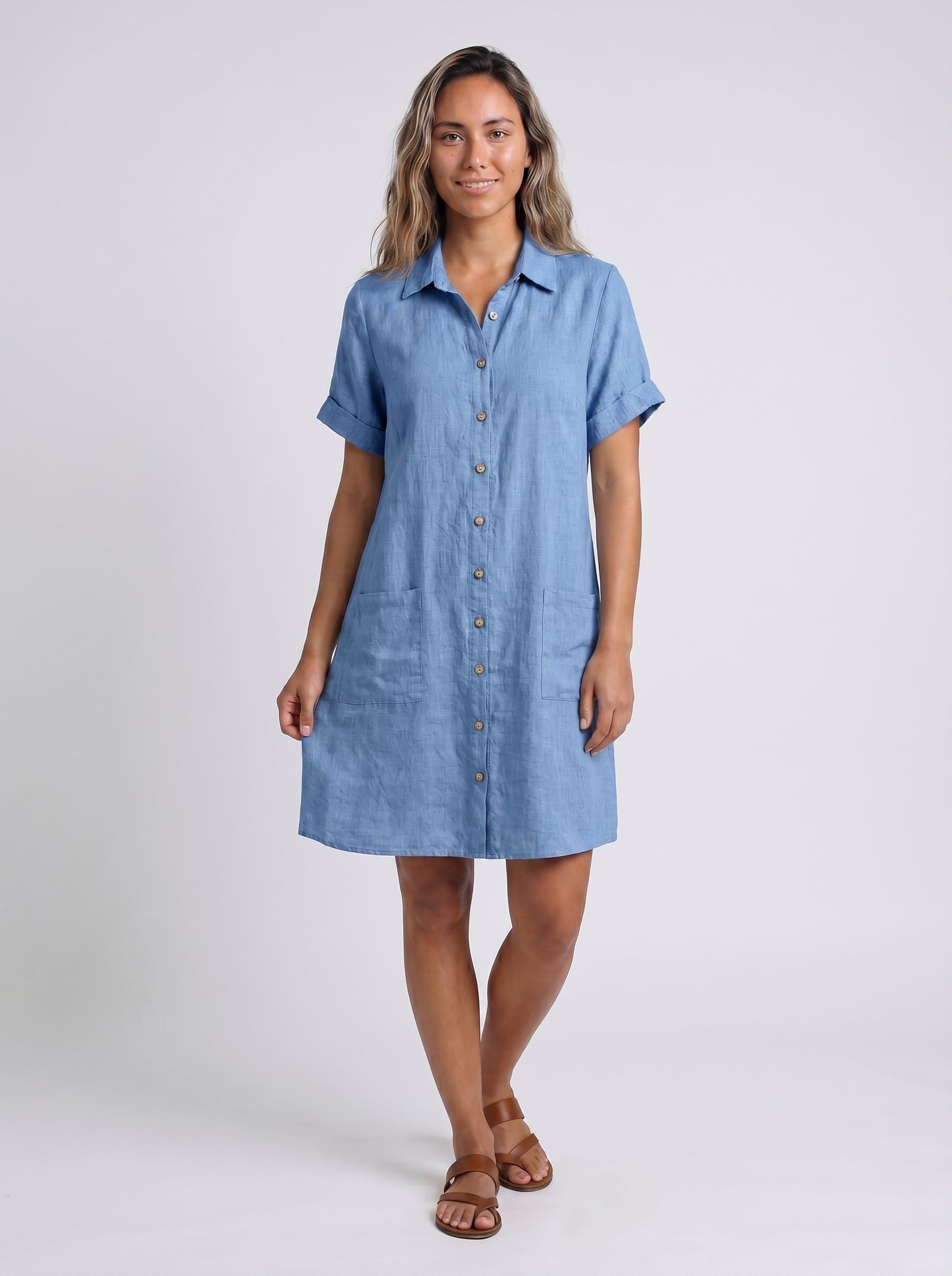 Remy - Midi Shirt Dress with Button Front and Patch Pockets — Blue_front
