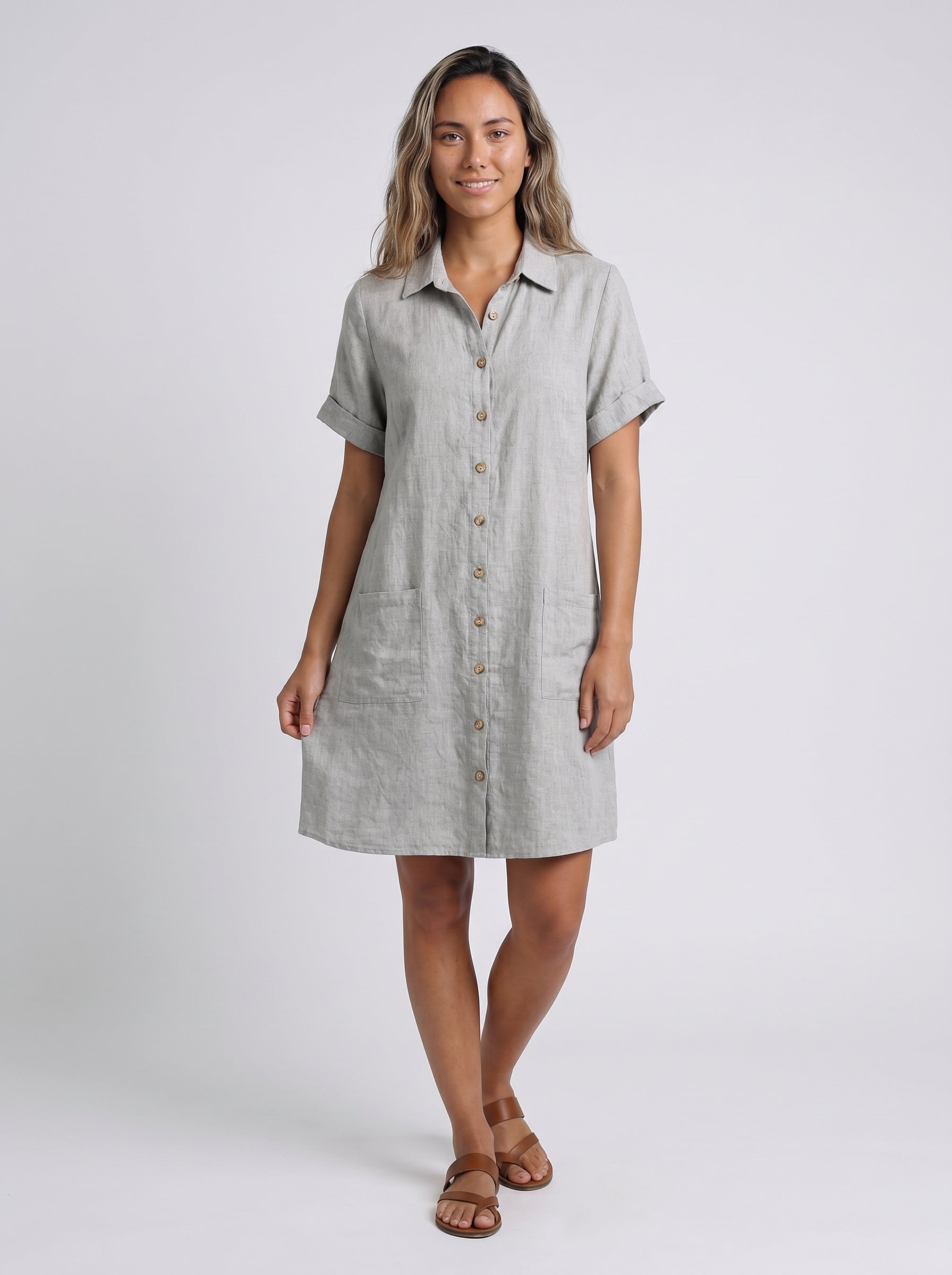 Remy - Midi Shirt Dress with Button Front and Patch Pockets — Grey_front