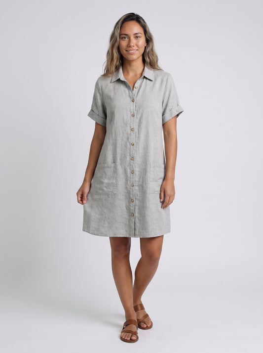 Remy - Midi Shirt Dress with Button Front and Patch Pockets — Grey_front