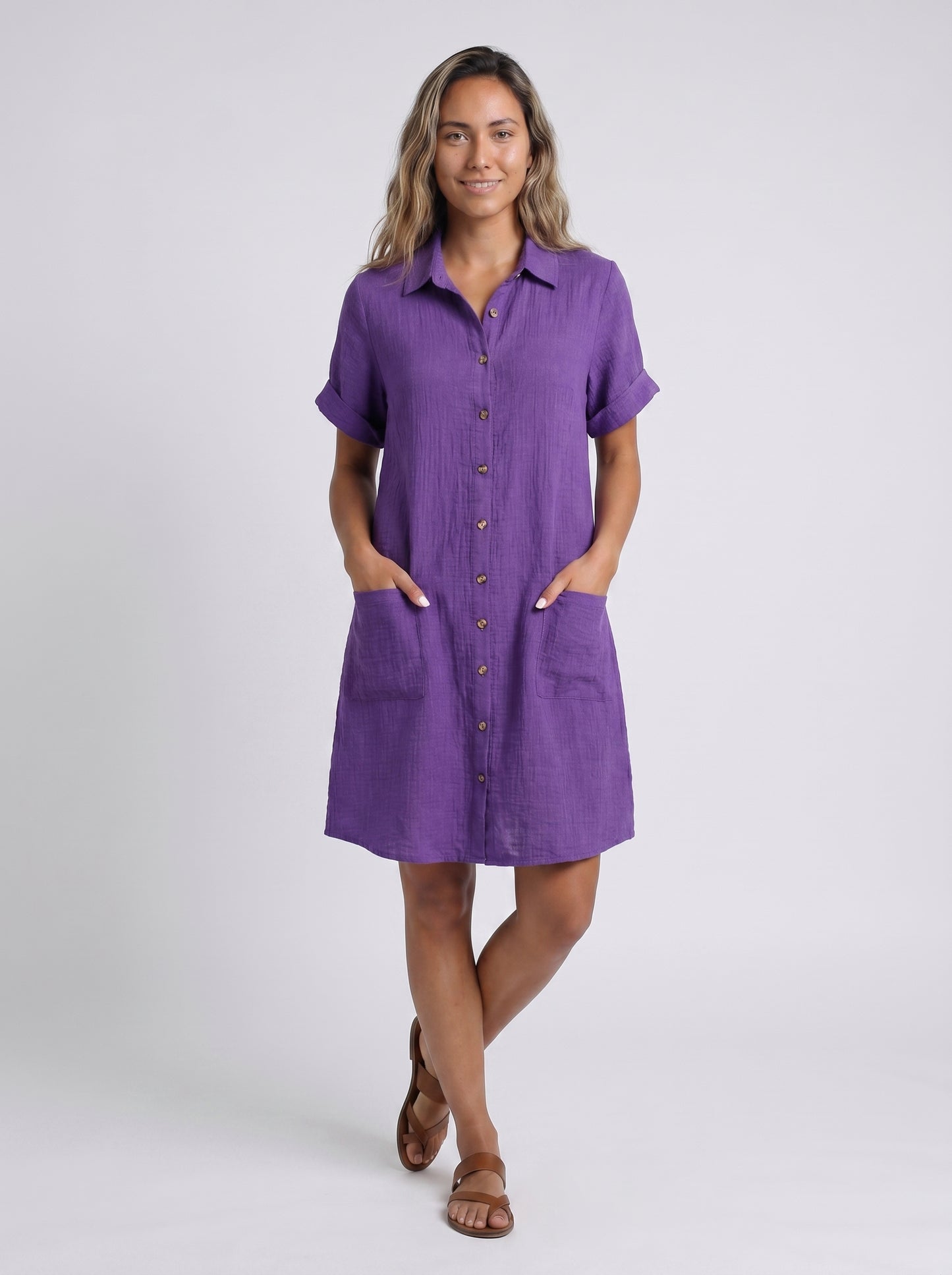 Remy - Midi Shirt Dress with Button Front and Patch Pockets — Purple_front