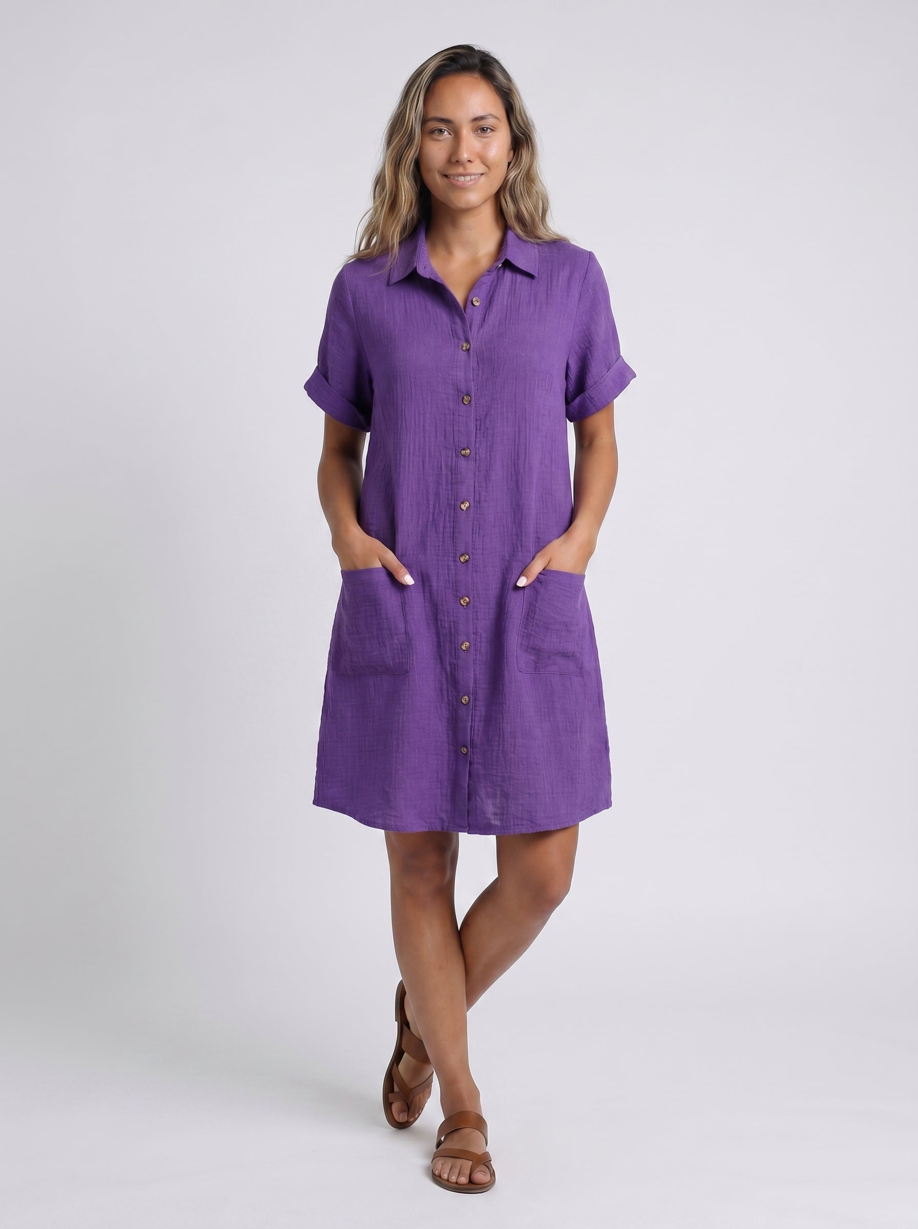 Remy - Midi Shirt Dress with Button Front and Patch Pockets — Purple_front