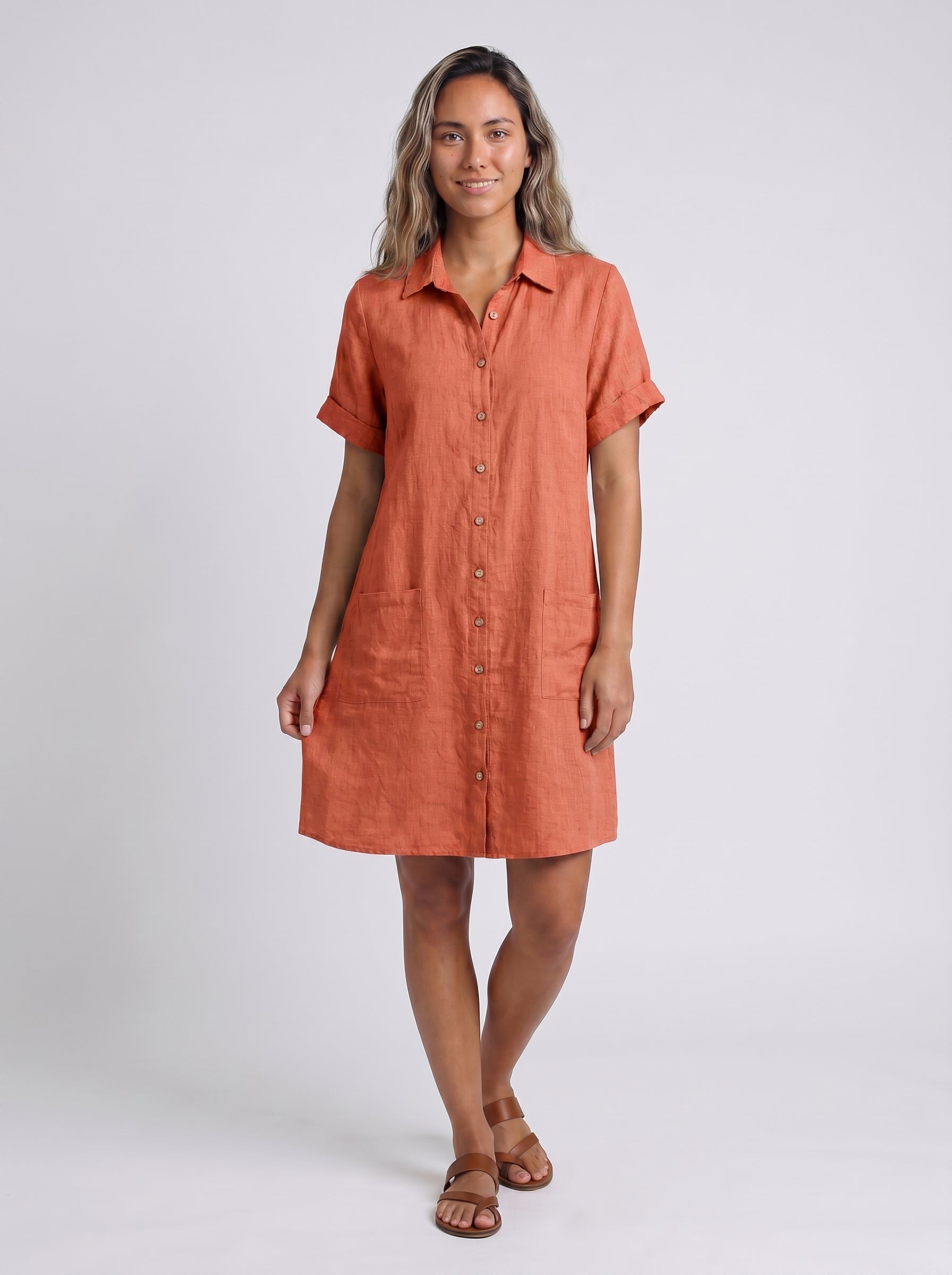 Remy - Midi Shirt Dress with Button Front and Patch Pockets — Red_front