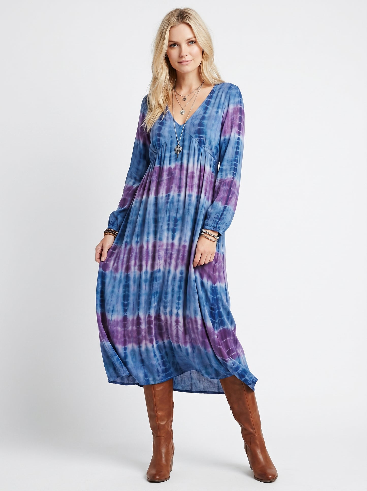 Sage - Boho Maxi Dress Long Sleeve V-Neck with Vintage Fleur Print — Blue_front