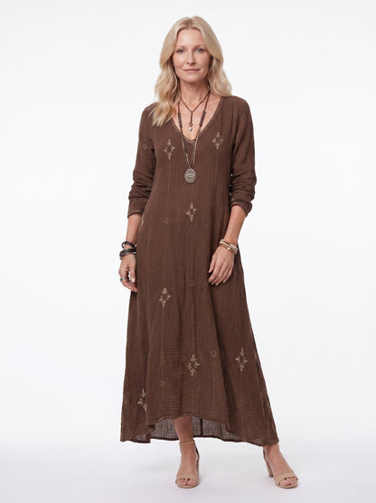 Sage - Boho Maxi Dress Long Sleeve V-Neck with Vintage Fleur Print — Brown_front
