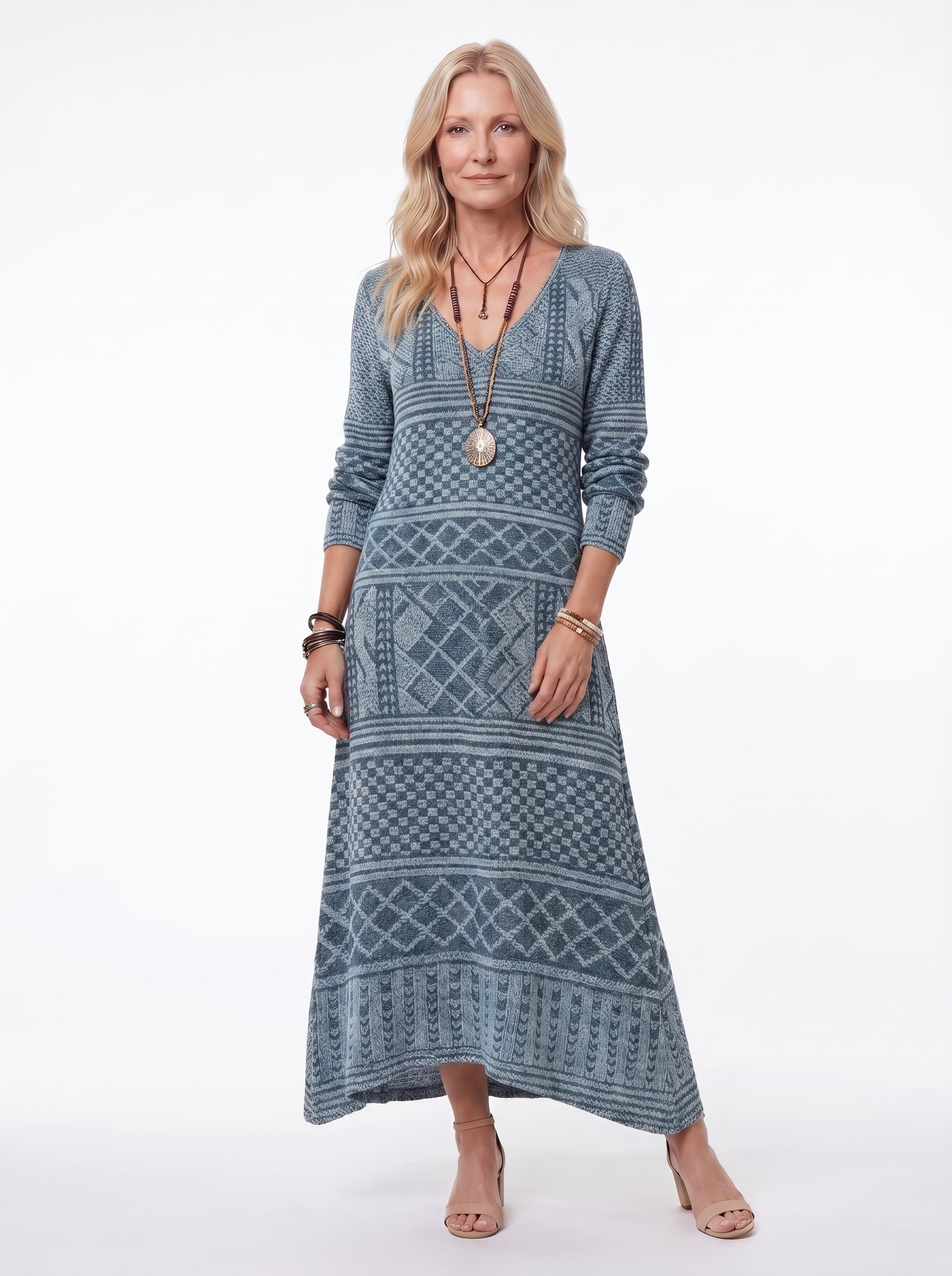 Sage - Boho Maxi Dress Long Sleeve V-Neck with Vintage Fleur Print — Light Blue_front