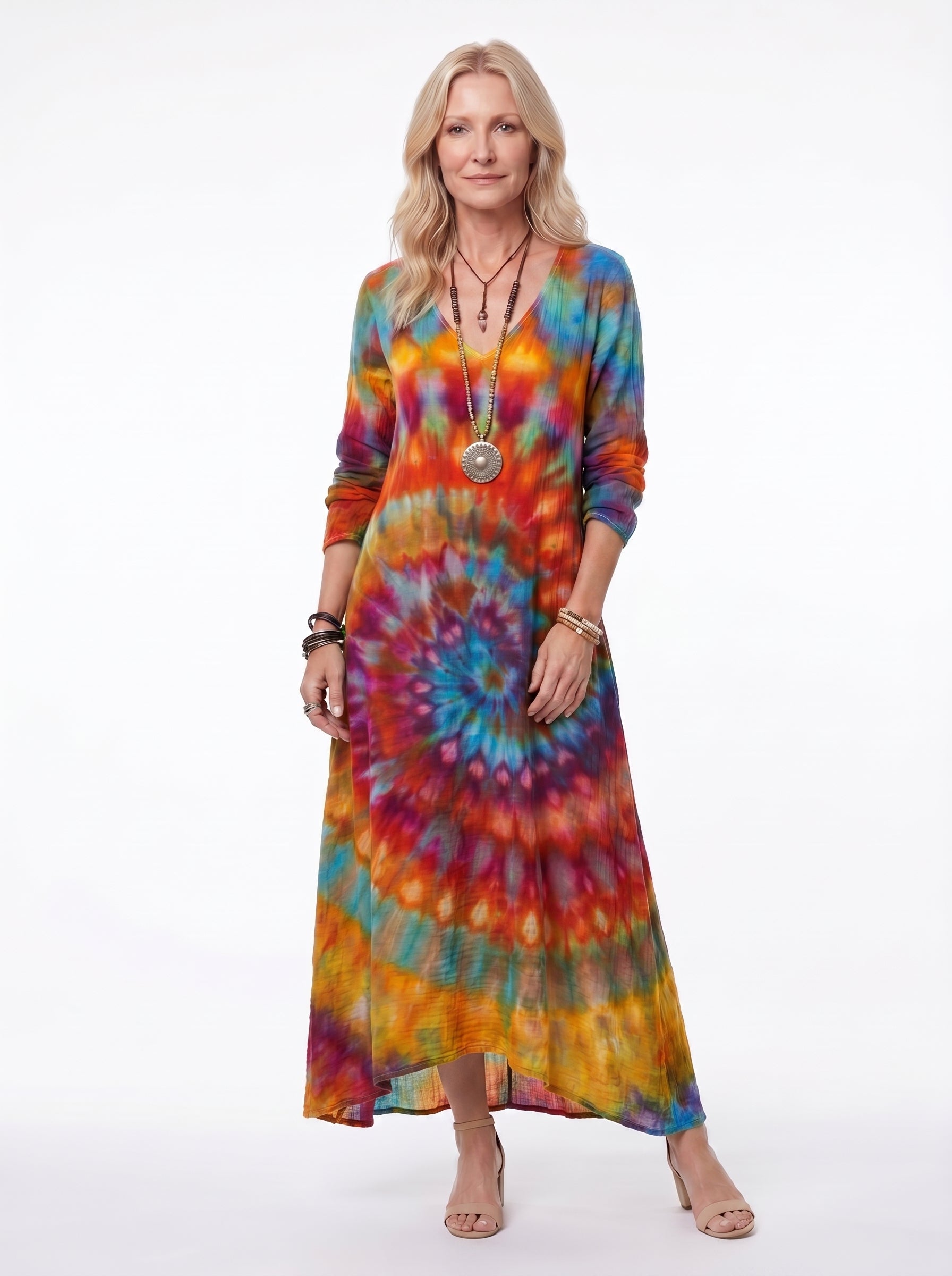 Sage - Boho Maxi Dress Long Sleeve V-Neck with Vintage Fleur Print — Multicolor_front