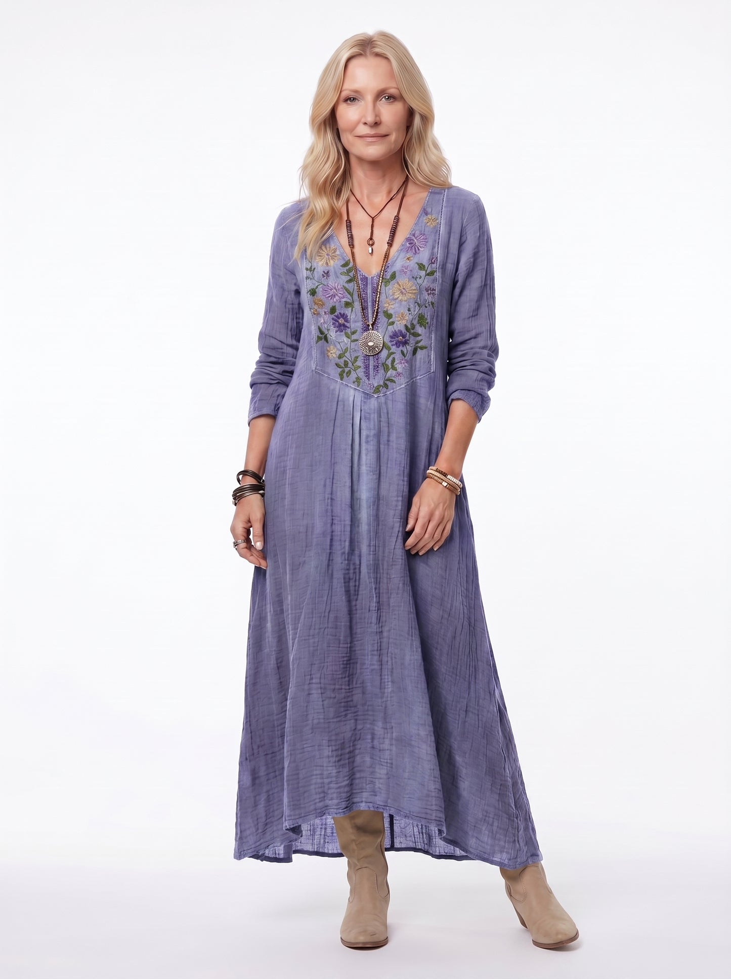 Sage - Boho Maxi Dress Long Sleeve V-Neck with Vintage Fleur Print — Purple_front