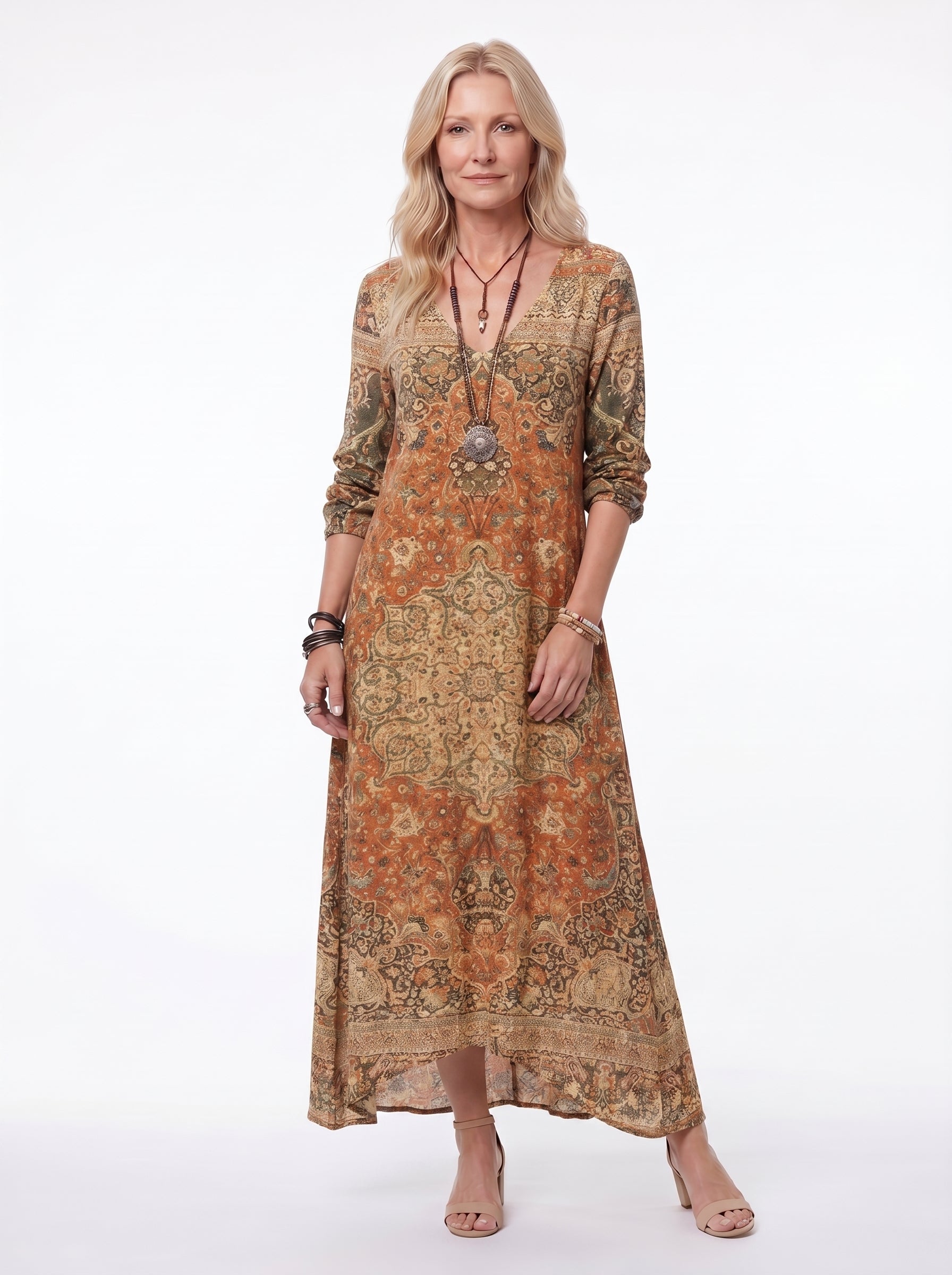 Sage - Boho Maxi Dress Long Sleeve V-Neck with Vintage Fleur Print — Yellow_front