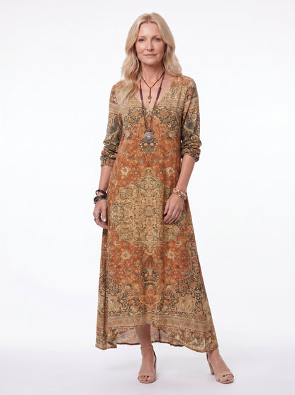Sage - Boho Maxi Dress Long Sleeve V-Neck with Vintage Fleur Print — Yellow_front