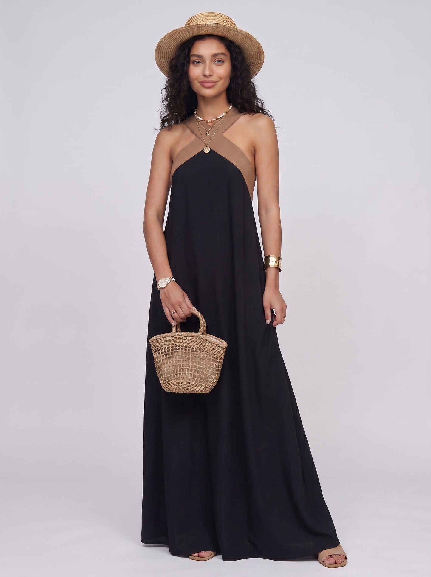 Sienna - White Maxi Dress with Black Crossover Halter Neckline — Black_front