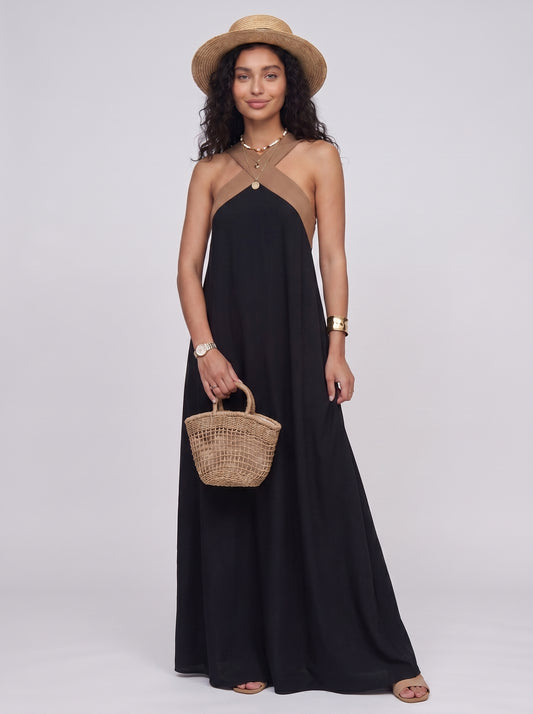 Sienna - White Maxi Dress with Black Crossover Halter Neckline — Black_front