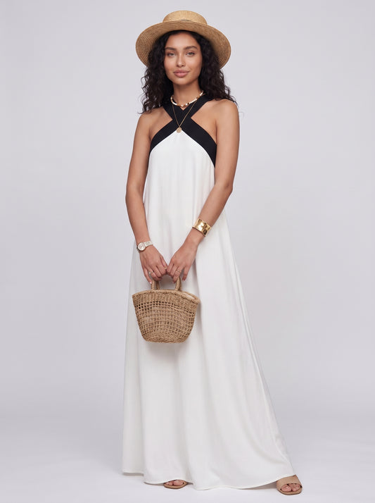 Sienna - White Maxi Dress with Black Crossover Halter Neckline — White_front