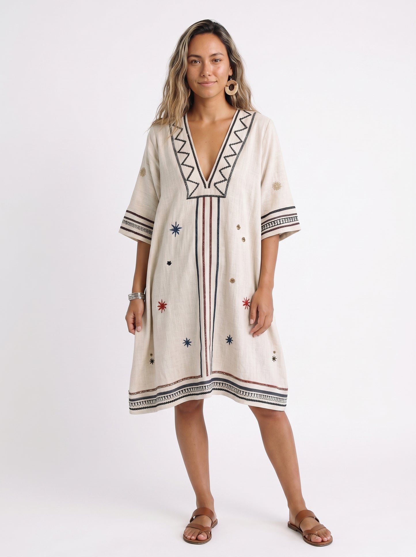 Sofia | Boho Midi Sundress with Embroidered V-Neck — front