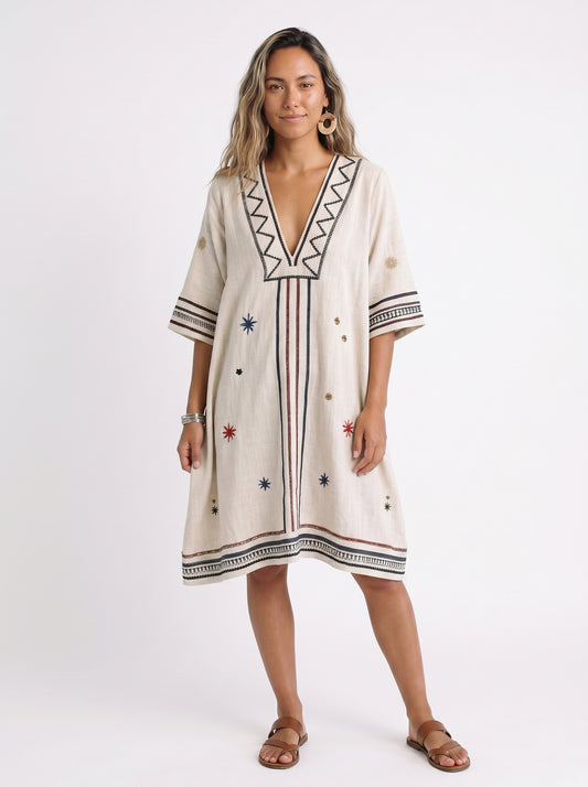 Sofia | Boho Midi Sundress with Embroidered V-Neck — front