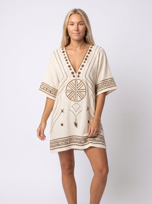 Sofia | Boho Mini Dress with Tribal Embroidery V-Neck — front