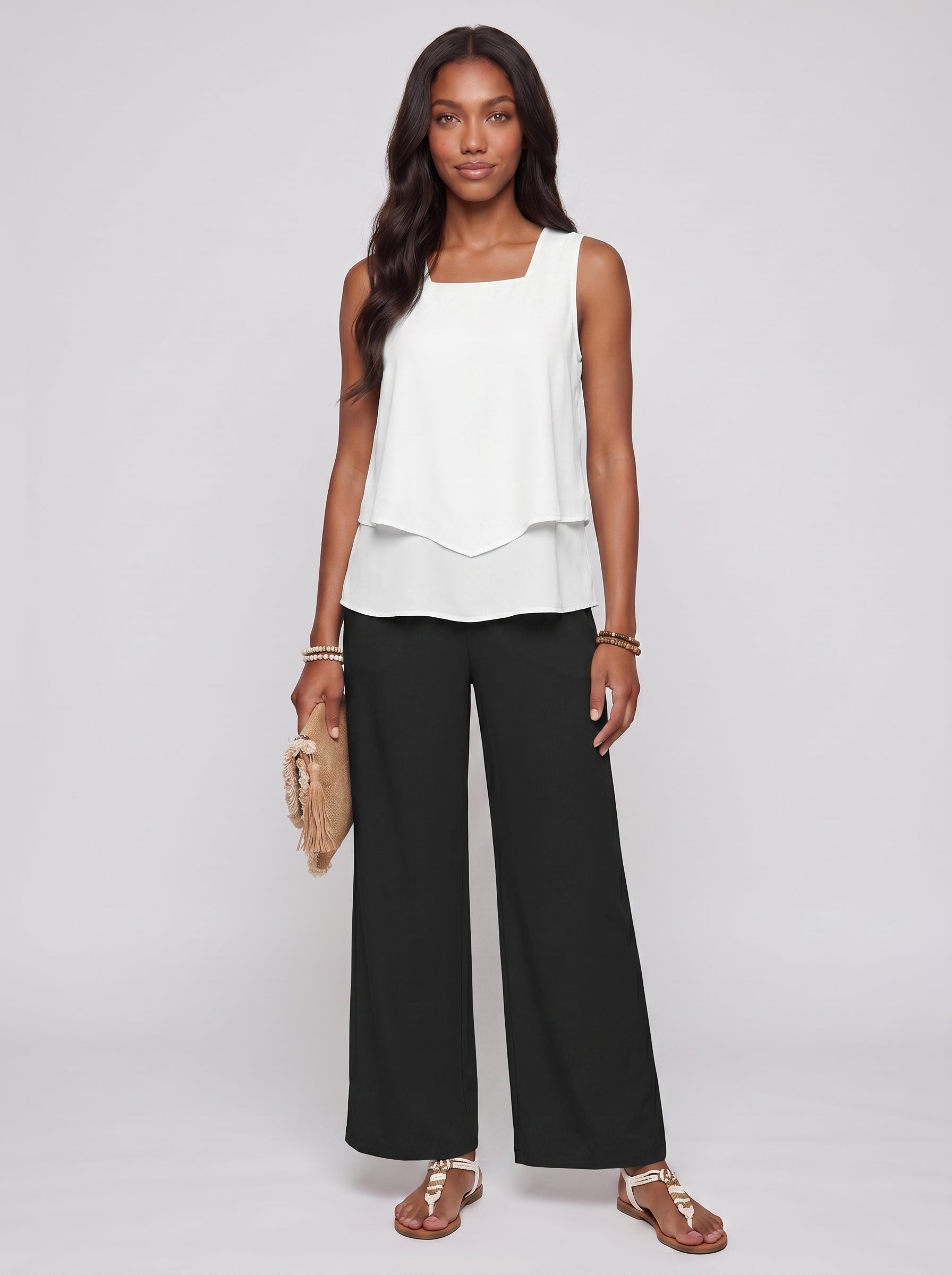 Sofia | Chic Sleeveless Printed Top & Wide Leg Pants Two-Piece Set — Black_front