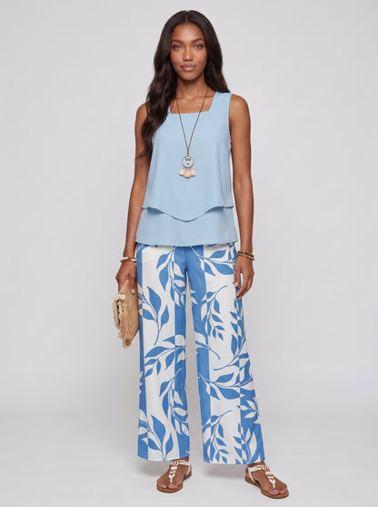 Sofia | Chic Sleeveless Printed Top & Wide Leg Pants Two-Piece Set — Blue_front