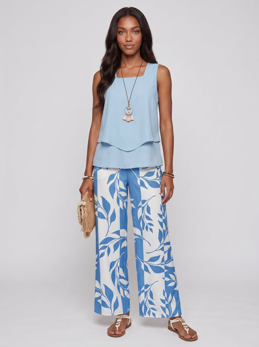 Sofia | Chic Sleeveless Printed Top & Wide Leg Pants Two-Piece Set — Blue_front