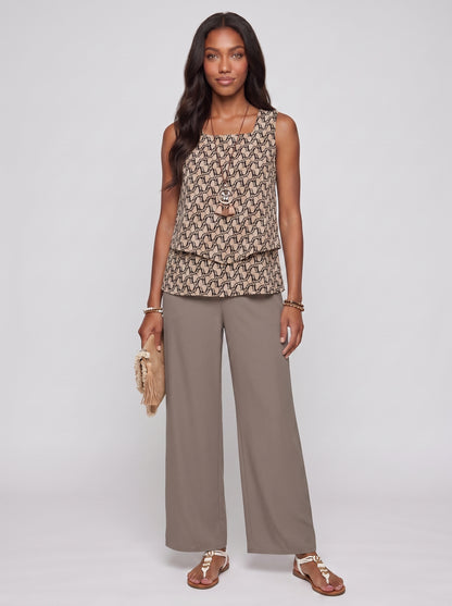 Sofia | Chic Sleeveless Printed Top & Wide Leg Pants Two-Piece Set — Brown_front