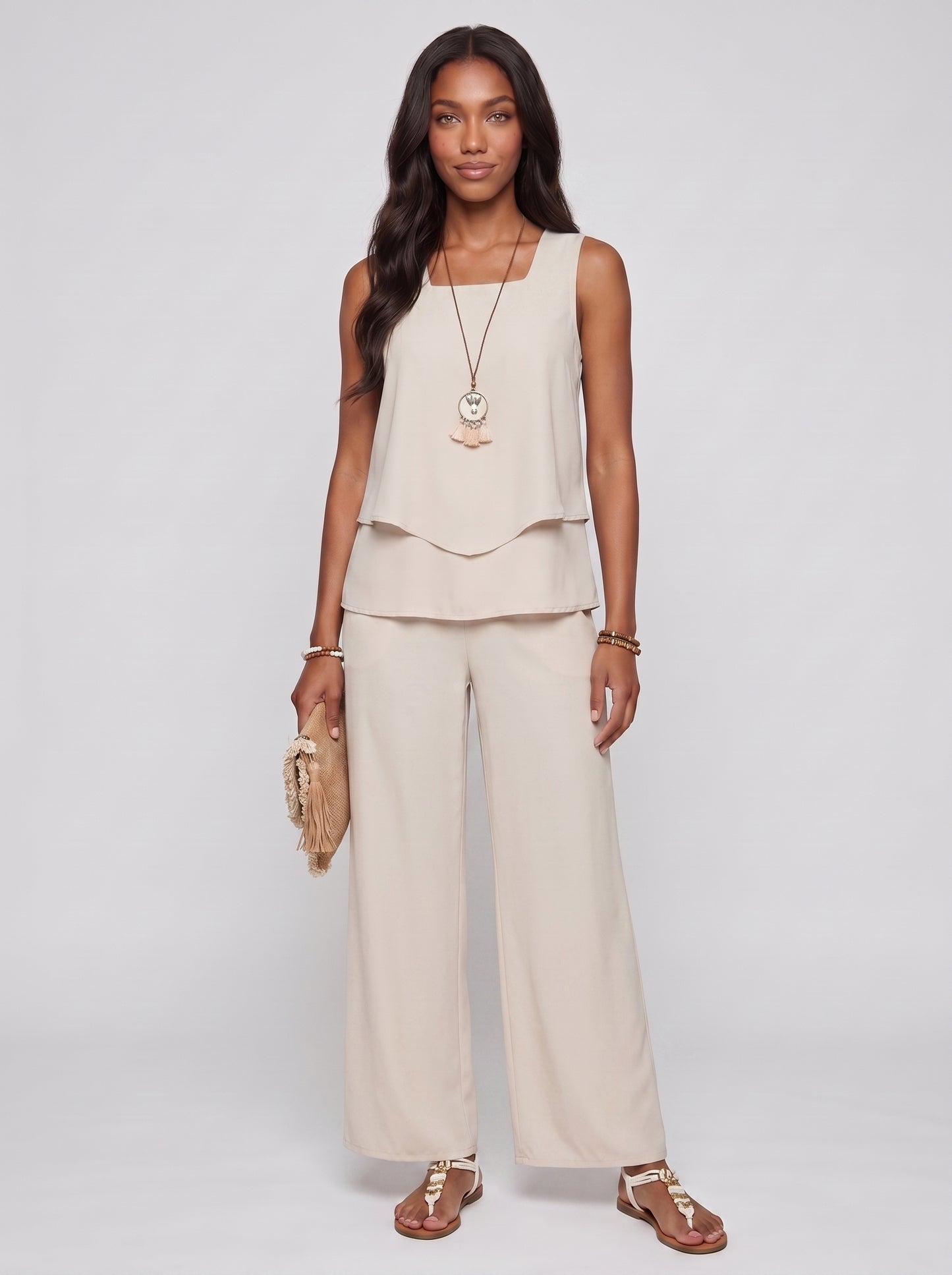 Sofia | Chic Sleeveless Printed Top & Wide Leg Pants Two-Piece Set — Cream_front