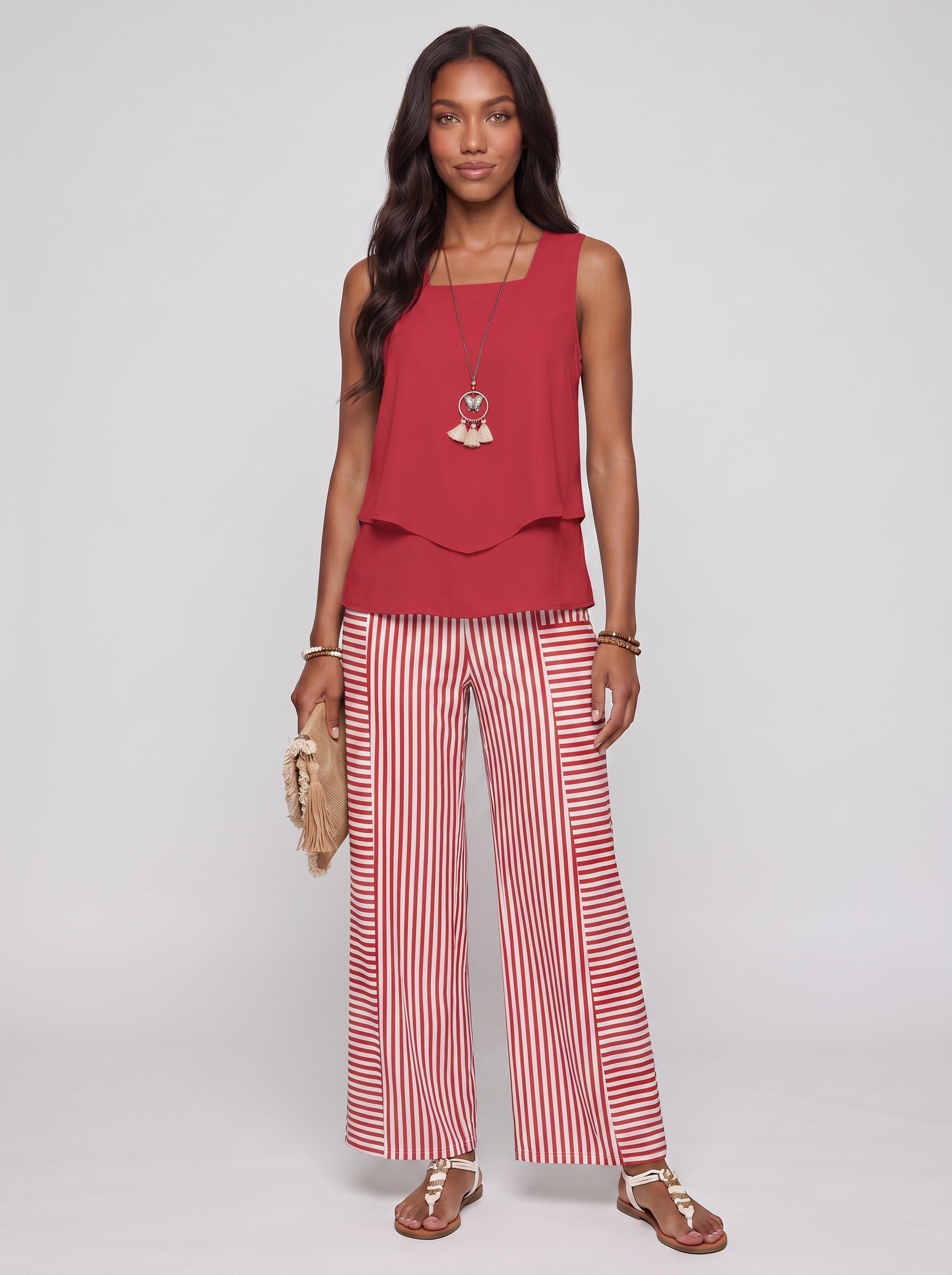 Sofia | Chic Sleeveless Printed Top & Wide Leg Pants Two-Piece Set — Red_front