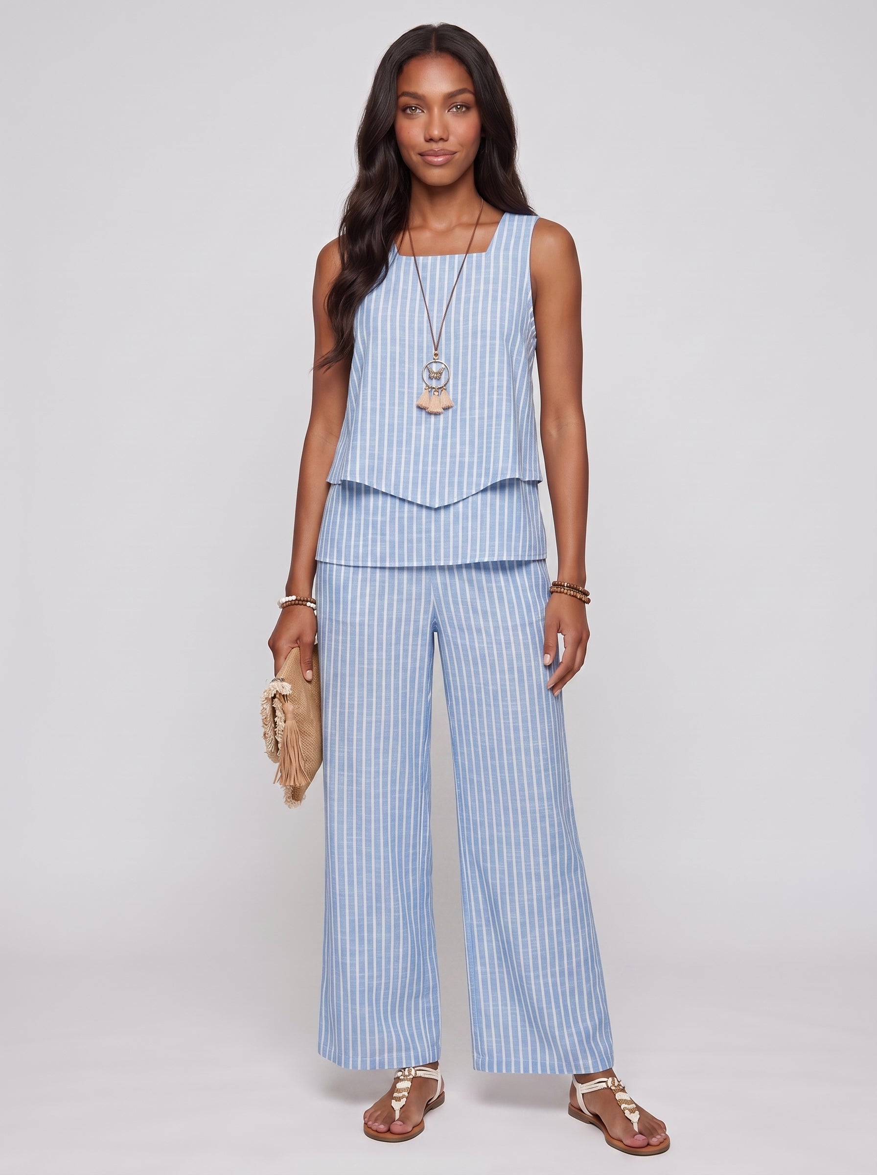 Sofia | Chic Sleeveless Printed Top & Wide Leg Pants Two-Piece Set — Stripe_front