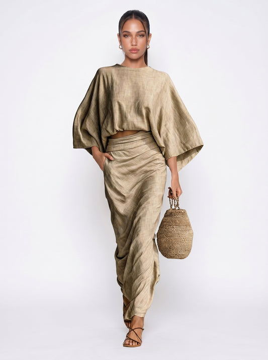 Sofia | Effortless Flowy Maxi Skirt & Batwing Top Set with Draped Silhouette — front