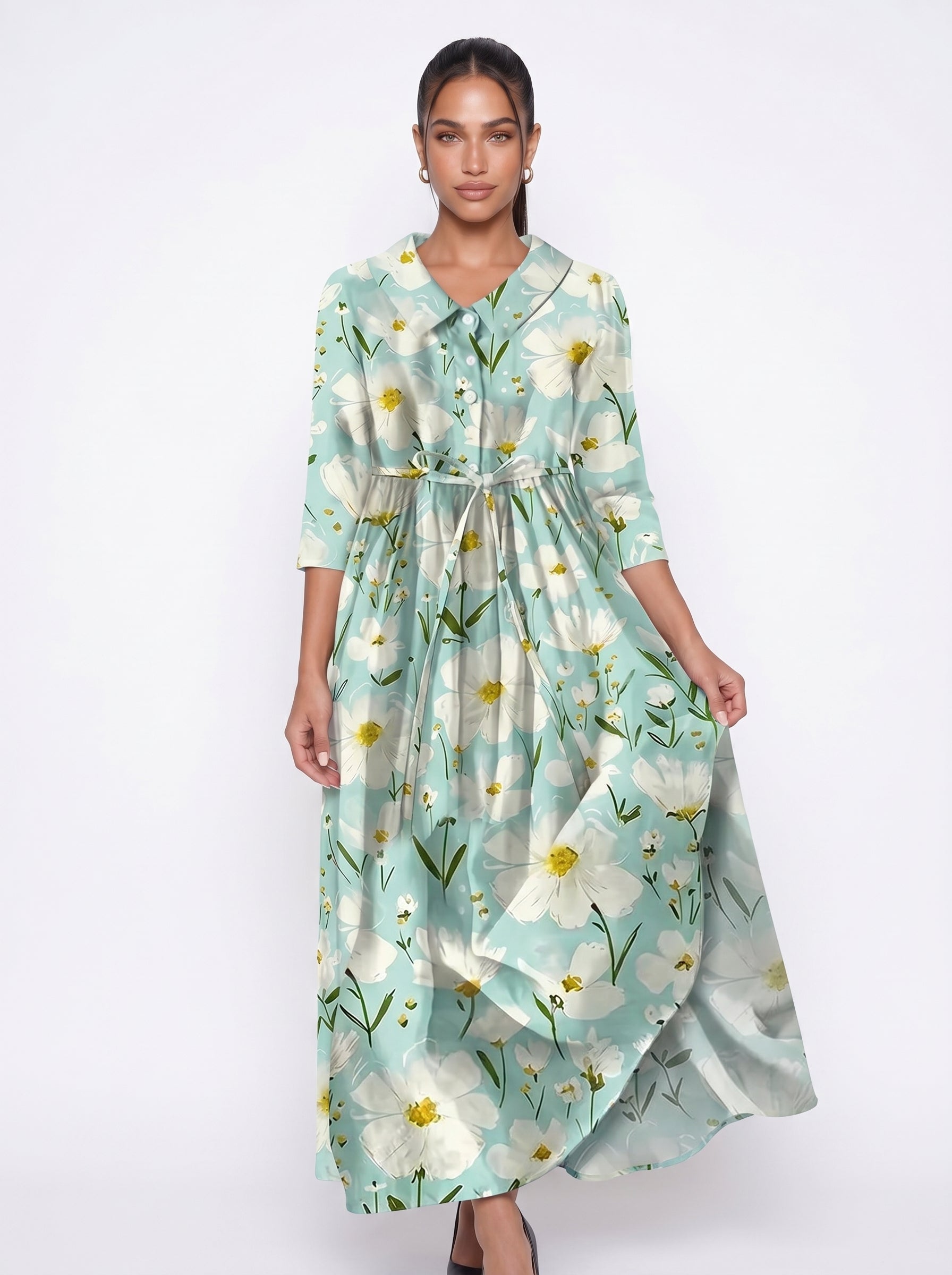 Sofia | Floral Maxi Dress with Tie Waist & Peter Pan Collar — front