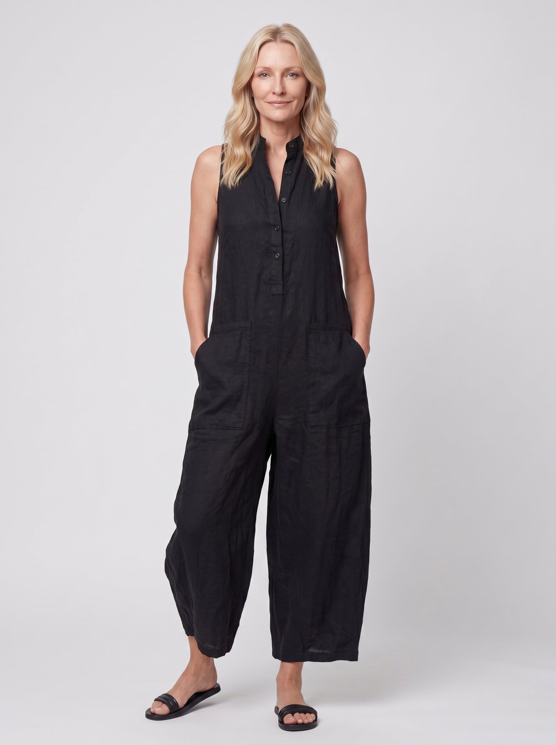 Sofia - Sleeveless Jumpsuit with Button Closure — Black_front