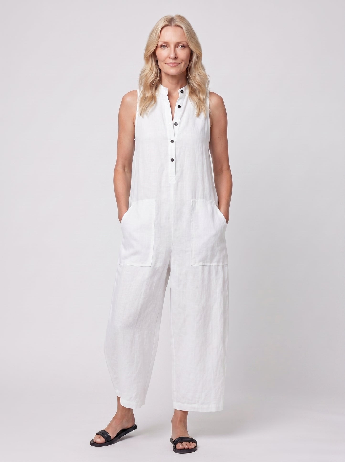 Sofia - Sleeveless Jumpsuit with Button Closure — White_front