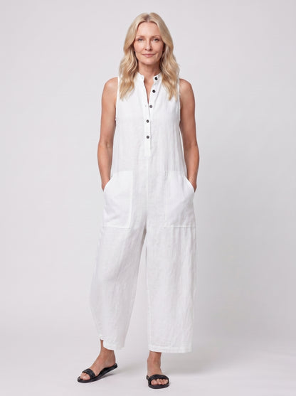 Sofia - Sleeveless Jumpsuit with Button Closure — White_front
