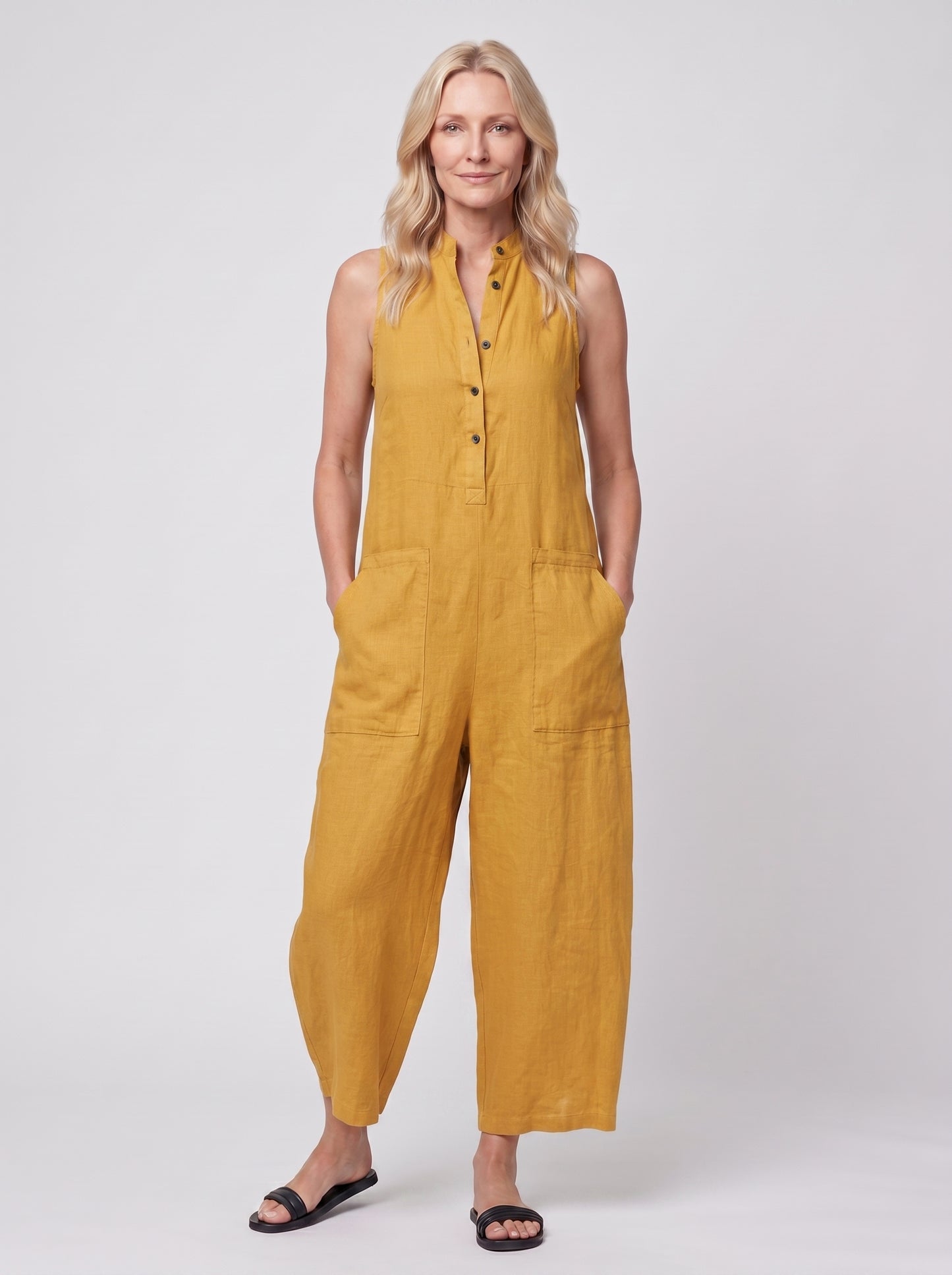 Sofia - Sleeveless Jumpsuit with Button Closure — Yellow_front